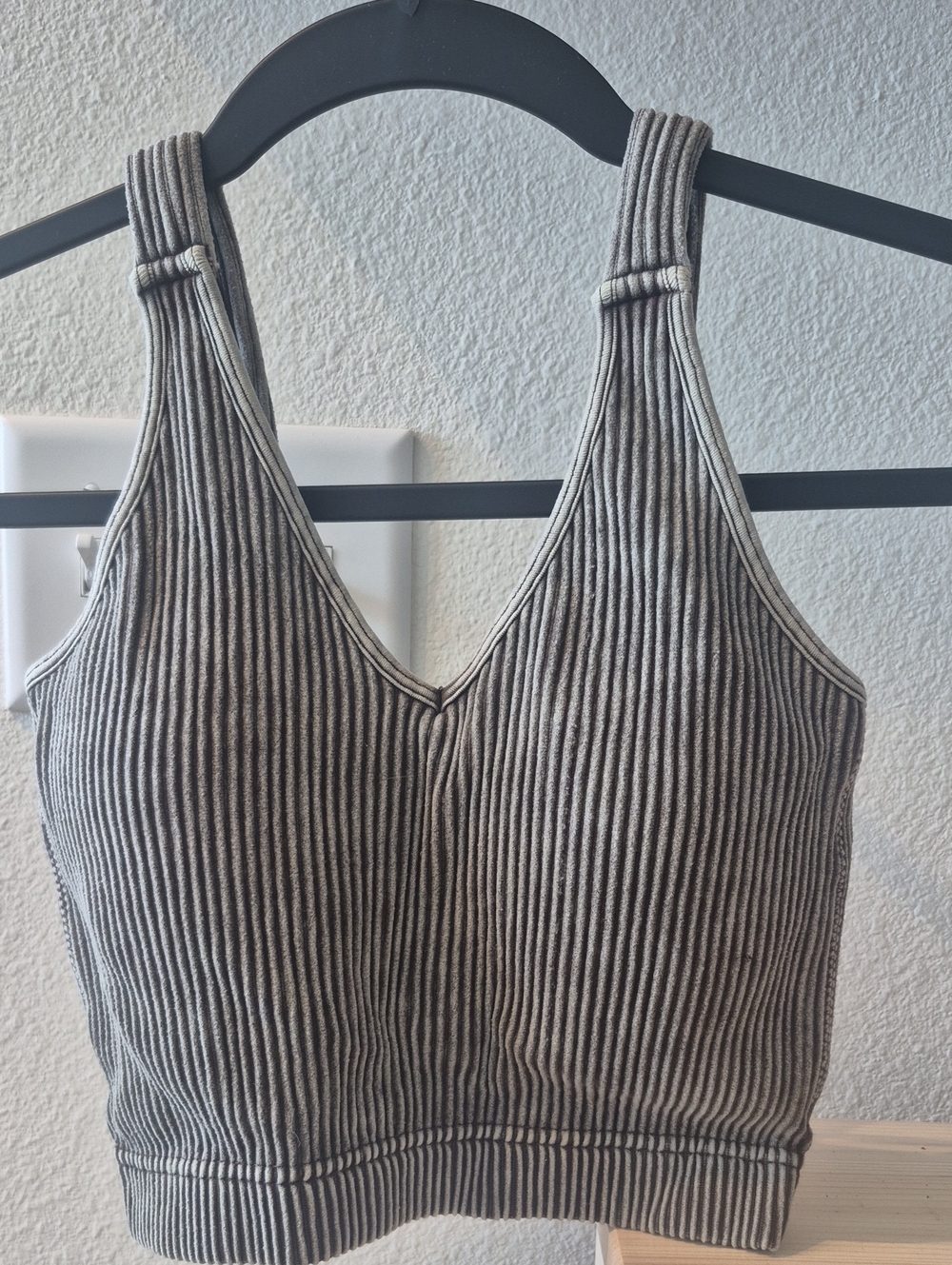 Zenana Outfitters Gray Striped Ribbed V-Neck Crop Tank